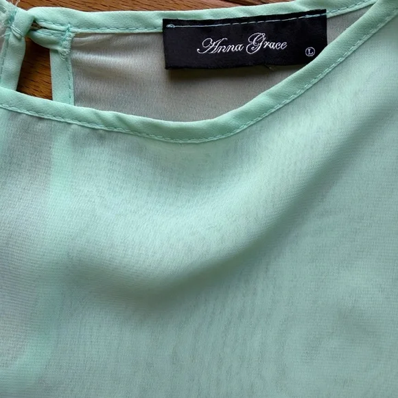 Anna Grace Mint Green Sheer Blouse with Layered Hem - Size L - Picture 3 of 4